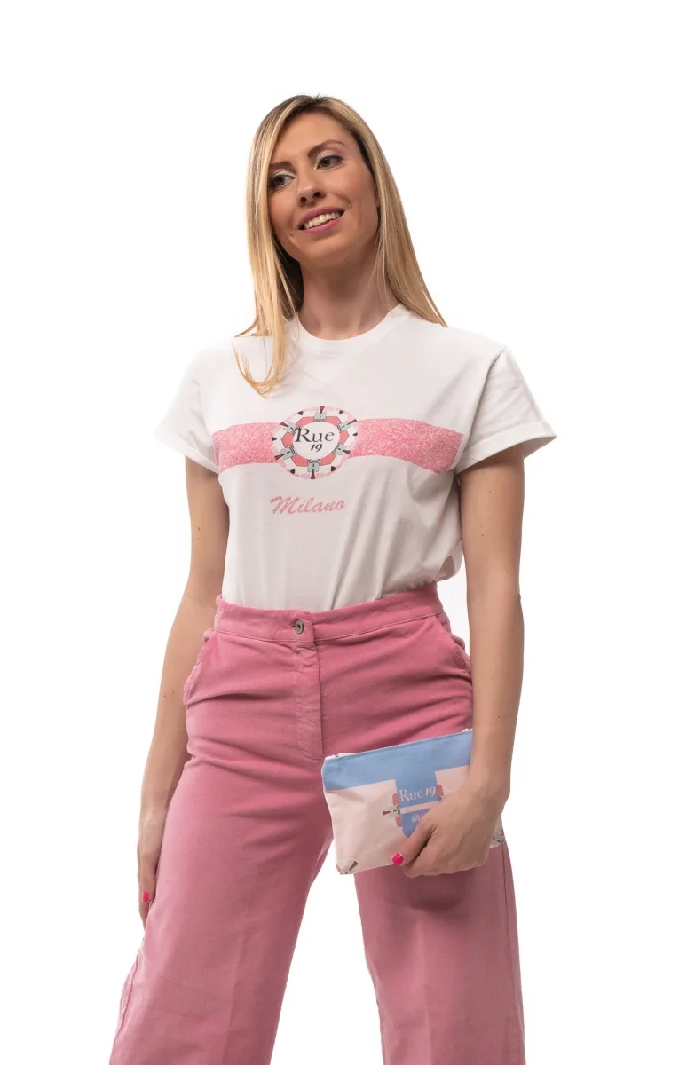 T-shirt Rue 19 Milano con cinta rosa stampata - immagine 2