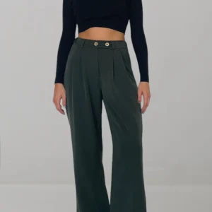 Pantalone wide leg verde con due bottoni