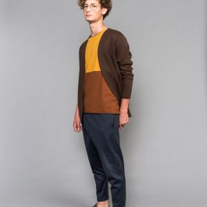 sustainable mens outfit blue, brown and ochre
