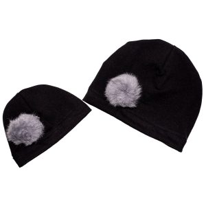 Cappello Bambina nero con Pon Pon grigio