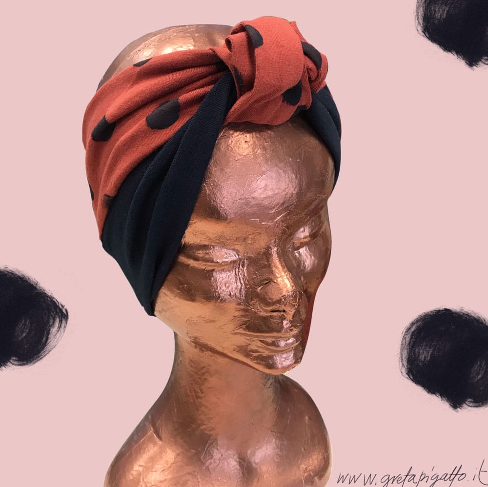 Turban sustainable headband for her, hand painted headband, pois su marsala e blu navy - immagine 2