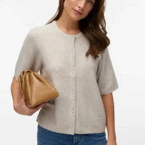 Cardigan Lefile con perle a 2/4 scollo a O - Pietra pomice melange