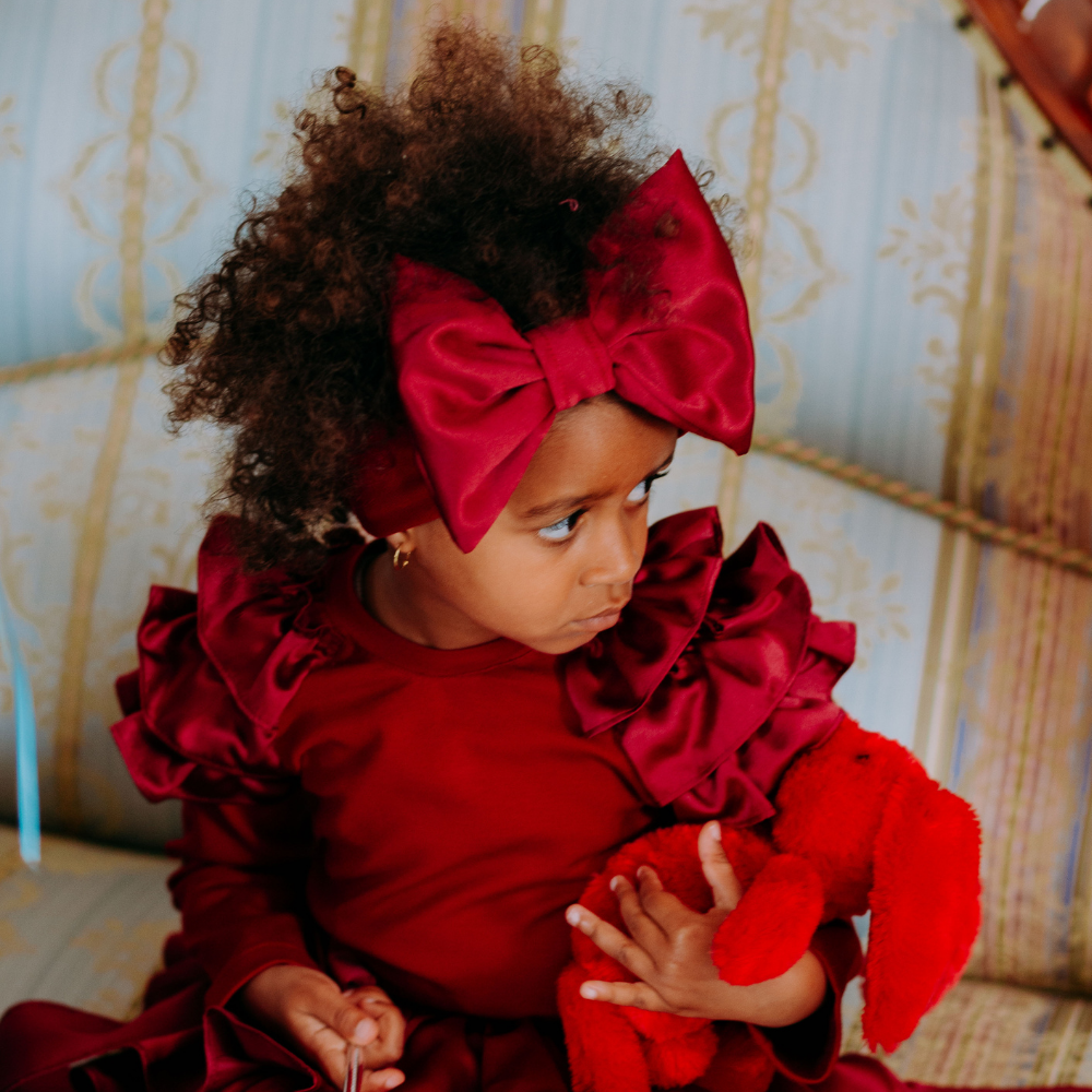 Terminata Fascia per capelli con fiocco in raso enorme rosso bordeaux - immagine 5