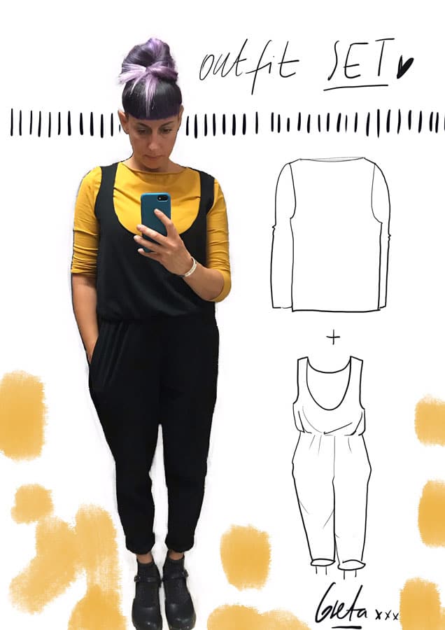 Set maglia giallo ocra e jumpsuit nera in cotone oeko-tex